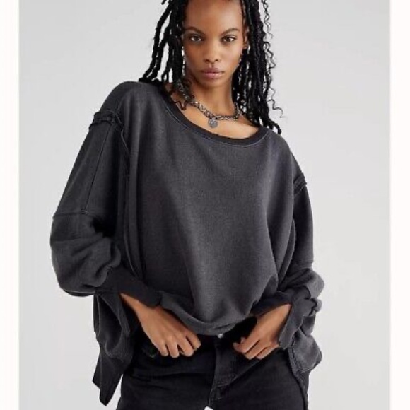 NWOT Free People Camden Dark Grey Sweatshirt Crewneck Oversized Size M - Picture 10 of 12
